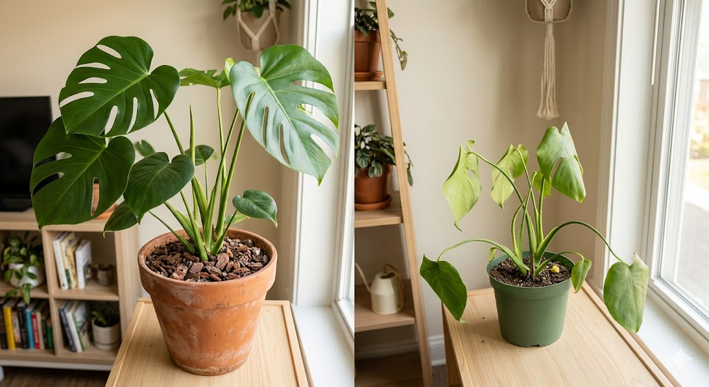 A side-by-side comparison of two Monstera plants in a bright living room. One is thriving with large, green leaves in a terracotta pot with chunky soil; the other shows signs of slight wilting in a plastic pot, illustrating the importance of the right environment and soil.
