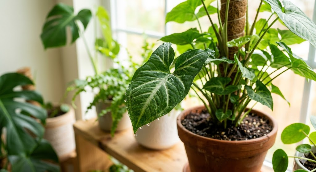 A close-up of a Monstera leaf showing a "sweating" effect (guttation) on the tips, with a blurred background of a healthy, well-potted plant, symbolizing a plant that is well-hydrated but properly drained.