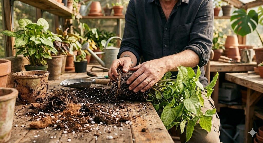 An instructional-style photo showing a person's hands gently loosening the roots of a Monstera plant over a potting bench covered in various soil components. The lighting is warm and natural.