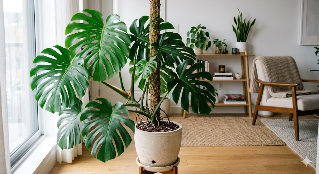 A stunning, mature Monstera Deliciosa with massive, multi-fenestrated leaves climbing a moss pole in a stylish, modern apartment. The plant looks vibrant and the soil surface is visible, showing a healthy, chunky texture.