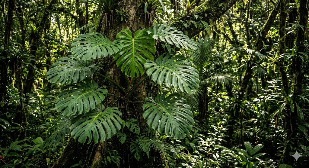 A tropical Monstera deliciosa plant climbing a tree in a rainforest, dappled sunlight filtering through dense canopy leaves, soft light patches hitting large split leaves, natural jungle environment, high detail, realistic lighting, botanical photography style