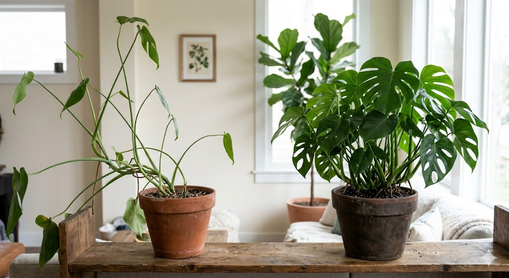 Comparison scene showing a leggy Monstera with long thin stems reaching toward light versus a compact healthy Monstera, side-by-side, illustrating etiolation, indoor plant diagnostic visual, realistic botanical detail
