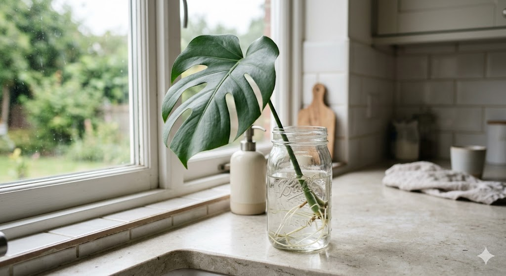 Monstera cutting in a glass jar filled with water placed on a kitchen counter near a north-facing window, soft indirect light, visible roots forming, minimal aesthetic background, clean and realistic indoor plant propagation scene