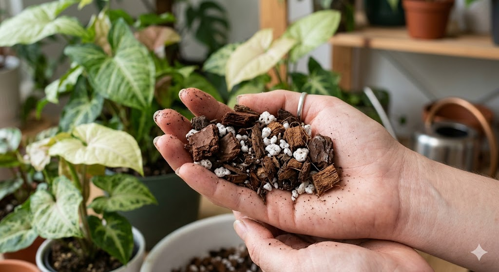 A high-resolution, close-up shot of a "chunky" aroid soil mix held in a person's hand. You can clearly see large pieces of brown orchid bark, white perlite, and fibrous coco chips, showing a textured and airy consistency.