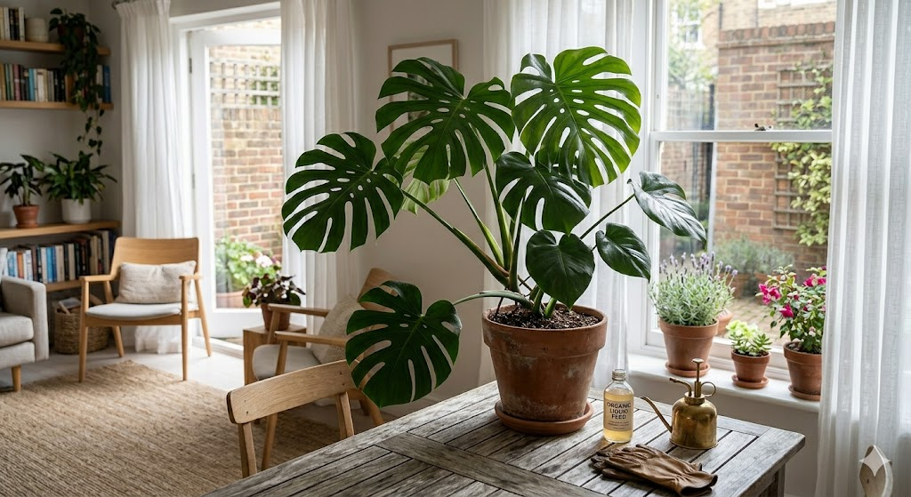 A bright, airy living room featuring a Monstera deliciosa placed near a window with sheer white curtains, showing the perfect balance of filtered sunlight on the green foliage.