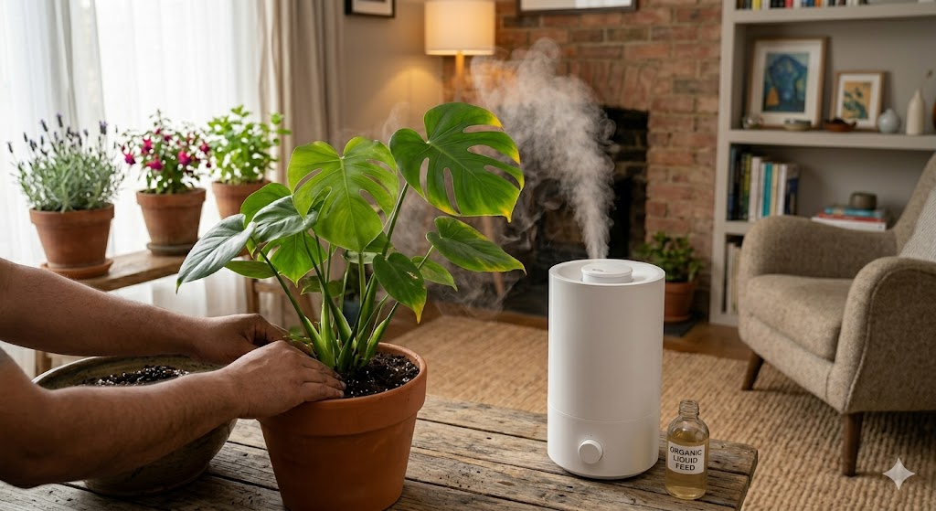 A stylish indoor humidifier emitting a soft mist next to a lush Monstera plant, highlighting a cozy, humid tropical microclimate inside a modern home.