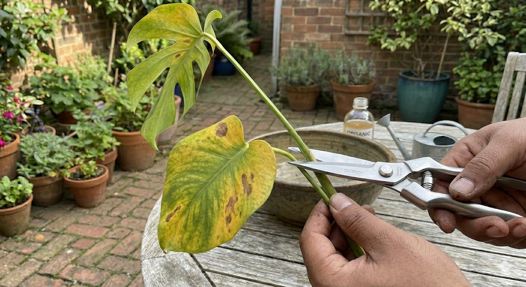 Macro photography of clean, sharp garden shears pruning a yellowing leaf from a Monstera stem, showing a professional and careful gardening technique.