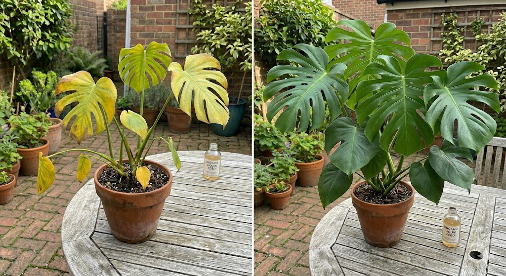 A "before and after" split image: on the left, a struggling Monstera with yellowing leaves; on the right, the same plant six months later, thriving with massive, dark green split leaves.