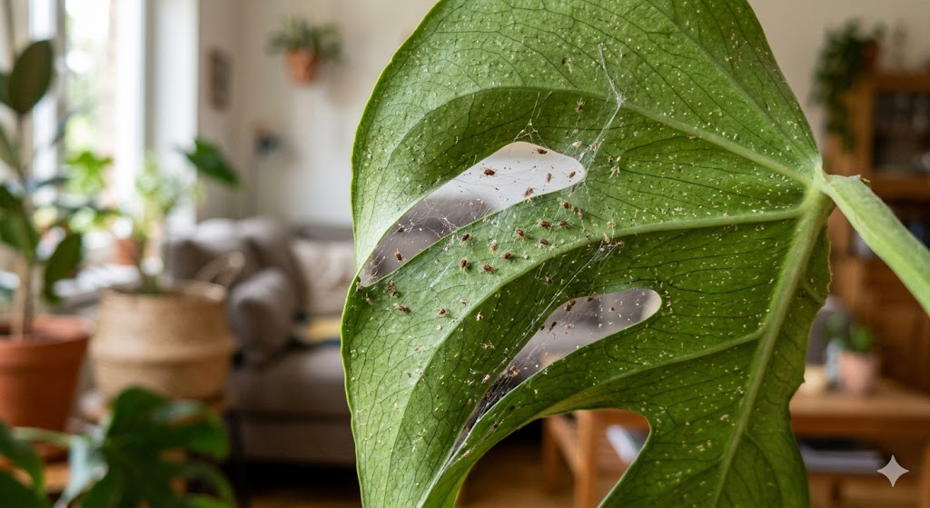 A high-resolution macro shot of a Monstera deliciosa leaf underside showing fine silvery webbing and tiny reddish spider mites, with a blurred living room background.