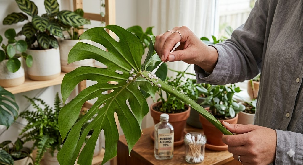 A close-up of a person's hand using a cotton swab dipped in alcohol to remove white fuzzy mealybugs from the junction of a Monstera stem and leaf.