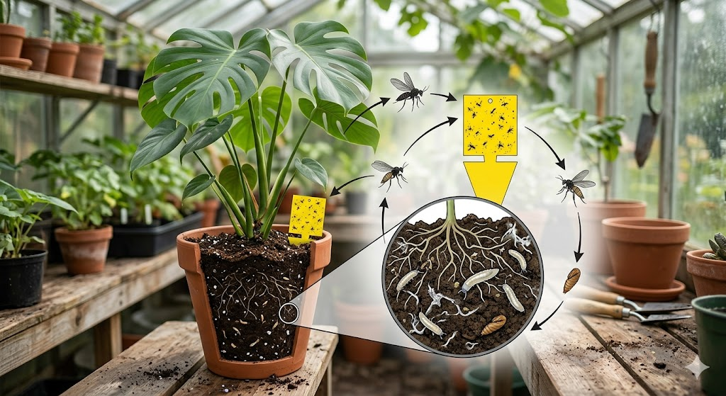 A visual diagram showing the life cycle of a fungus gnat, featuring a Monstera pot with yellow sticky traps and larvae in the soil layers.