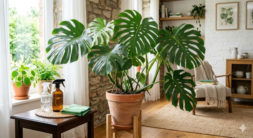 An aesthetic wide shot of a healthy, giant Monstera deliciosa in a bright room, with a spray bottle and microfiber cloth nearby, symbolizing proactive care.