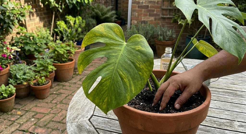 A close-up, high-resolution photo of a person's hand checking the soil moisture of a large Monstera deliciosa in a terracotta pot, soft natural sunlight hitting the leaves, moody indoor garden setting.